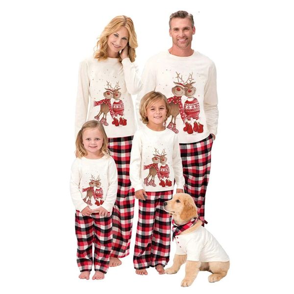 Trajes a juego para la familia Conjunto de pijamas navideños para perros con estampado de alces de dibujos animados Camiseta de manga larga Top y pantalones a cuadros Ropa para padres e hijos 231019