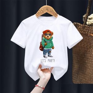 Familie matching outfits grappige beer rijden motorfiets print jongen meisje wit t shirt kind zomer Harajuku kawaii kleine baby y2k kleding dhtfd