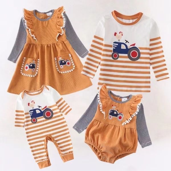 Famille correspondant tenues Girlymax 2 couleurs frère bébé filles garçons vache poussin rayure t-shirt barboteuse volants robe coton Look enfants vêtements 220924