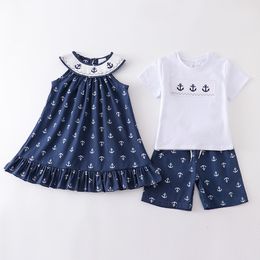 Familie Bijpassende Outfits Girlymax 4 juli Onafhankelijkheidsdag USA Zomer Baby Meisjes Jongens Broer of zus Boutique Kleding Marine Anker Gesmokte Jurk Shorts set 230714