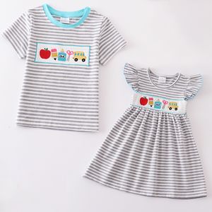 Family Matching Outfits Girlymax Retour à l'école Summer Baby Girls Boy s Brother Boutique Clothes Stripe Smocked Dress T-shirt 230714
