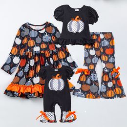 Famille correspondant tenues Girlymax Halloween automne automne frère bébé filles robe pantalon ensemble volants barboteuse citrouille à pois enfants vêtements 230914