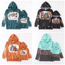 Trajes a juego de la familia Girlymax Halloween Otoño Bebé Niñas Mami Me Tie Dye Sudadera con capucha blanqueada Boutique Top Leopard Pumpkin Boo Ropa de manga larga para niños 220909