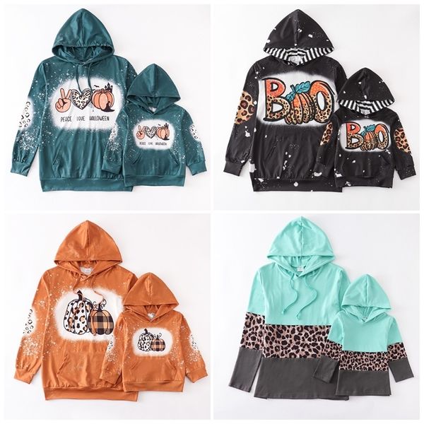 Trajes a juego de la familia Girlymax Halloween Otoño Bebé Niñas Mami Me Tie Dye Sudadera con capucha blanqueada Boutique Top Leopard Pumpkin Boo Ropa de manga larga para niños 220909