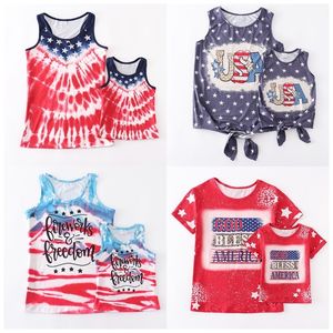 Familie Matching Outfits Girlymax Independence Day 4 juli Babymeisjes Mama Me Boutique Knoop Top gebleekte T-shirts Kleding Korte mouw Mouwloze 220914