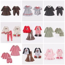 Familie bijpassende outfits Girlymax broer of zus Winter Kerstmis Babymeisjes Santa Snowman Plaid Bloemen Ruches Smocked geweven jurk Romper broek Set Kinderkleding 221122