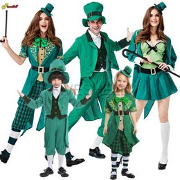 Bijpassende familie-outfits Halloween Ierse kabouter cosplay groen pak StPatrick's carnavalskostuum met hoed Kerst ouder-kind outfit 231030