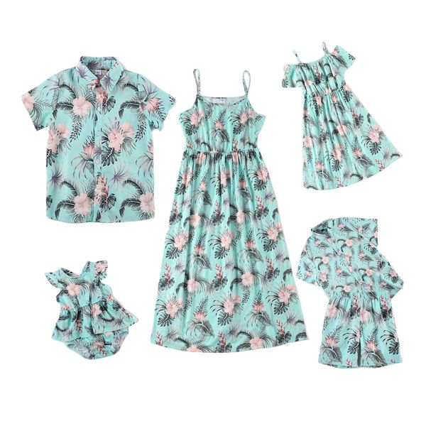 Tenues assorties pour la famille Hiheart Tenues assorties pour la famille Maman Fille Slip Dress Papa Fils Chemises Imprimé floral Vacances d'été Famille Même ensemble de vêtements 230421