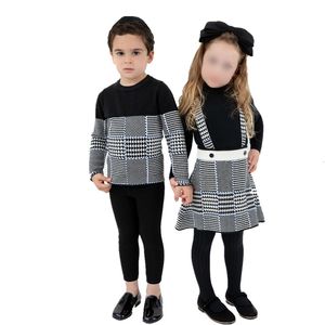 Famille correspondant tenues enfants chandails frère soeur maths vêtements tricotés tricot à carreaux hauts pullover une ligne jupe bébé pantalon à bretelles Bloomers 230530