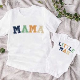 Familie Matching Outfits Mama Little Man Printed Family Matching kleding Moeder Zoon Korte mouw Outfit Shirt Fashion Mom Boy T-shirt Tops Baby Bodsuit D240507