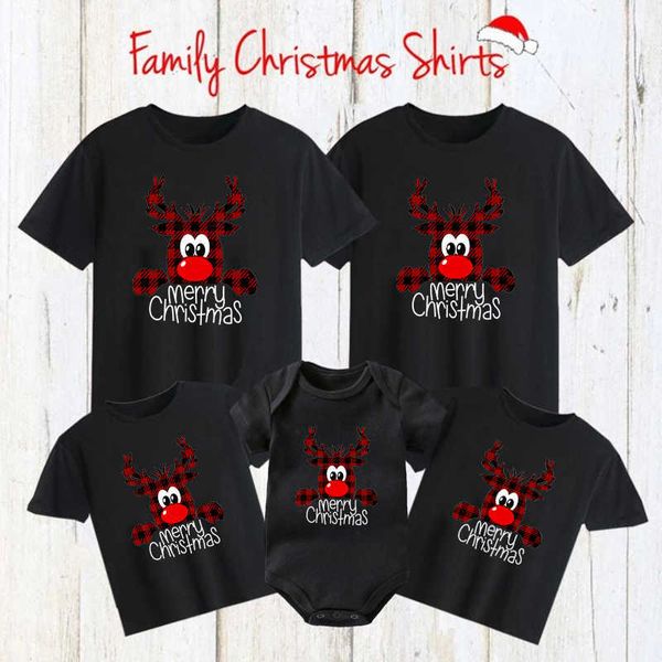 Famille Correspondant Tenues Joyeux Noël à carreaux cerf imprimer famille correspondant vêtements amusant père mère enfant T-shirt bébé combinaison coton Nouvel An vêtements G220519