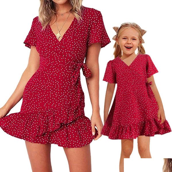 Famille correspondant tenues mère fille mode manches courtes volants Tutu robe soirée mini robes femmes bébé filles vêtements Dhexy