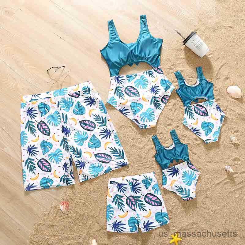 Family Matching Outfits Mother Daughter Matching Swimwear Father Son Swim Shorts Mommy and Me Bathing Suits Clothes Outfits Family Look Leaf Swimsuits R230810