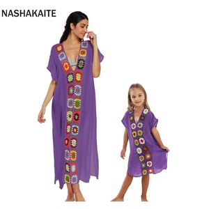 NASHAKAITE Robes mère fille assorties pour la famille - Sarongs de plage amples - Maillot de bain floral creux - Couvre maman et moi - Look familial 220914