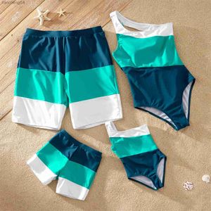 Bijpassende familie-outfits Pa-zomerzwempak Bijpassende familie-outfits Badpakken Kleurblok Zwemkledingsets met één schouder en familielook