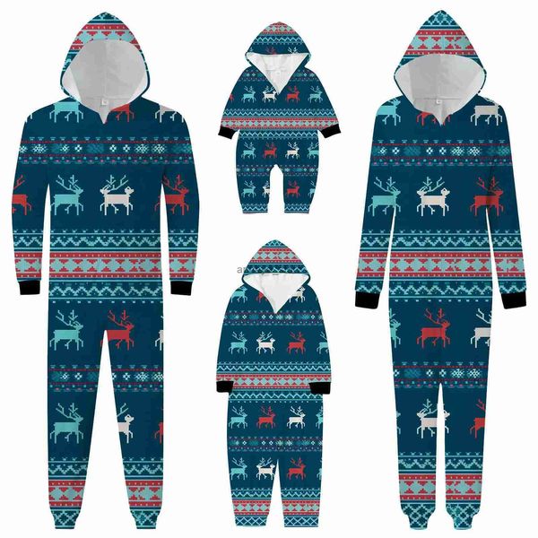 Trajes a juego para la familia Padre e hijo Navidad a juego Conjuntos de pijamas de alce navideño Estampados Mameluco con capucha Mono con cremallera Ropa de descanso Family Look navidadL231211