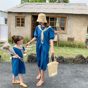 Familie bijpassende outfits ouder-kind zomer moeder en dochter ronde nek korte mouwen katoen met een vaste kleur knielange jurk babymeisjes kleding 220914