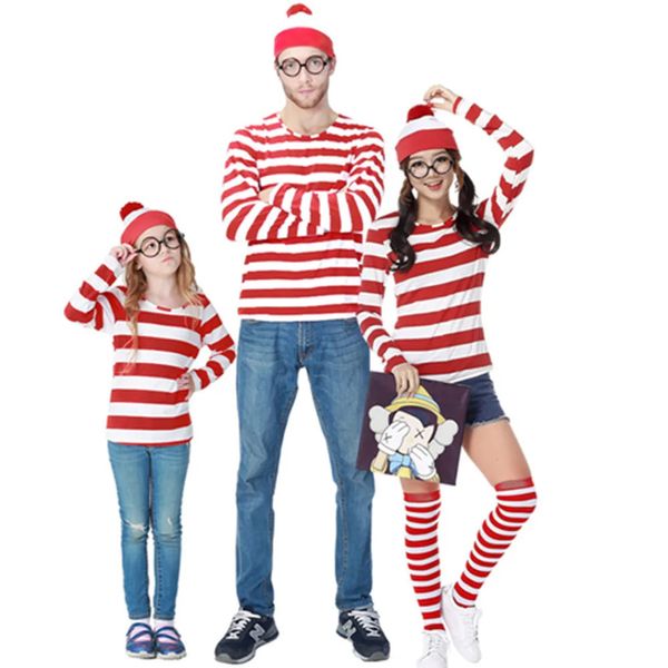 Famille correspondant tenues parent enfant où est Wally Costume Waldo livre semaine déguisement tenue chemise à rayures chapeau lunettes Kit 231212