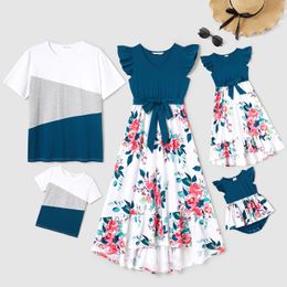 Famille correspondant tenues PatPat solide col en V manches flottantes épissage robes à imprimé floral manches courtes Colorblock T-shirts ensembles 230725