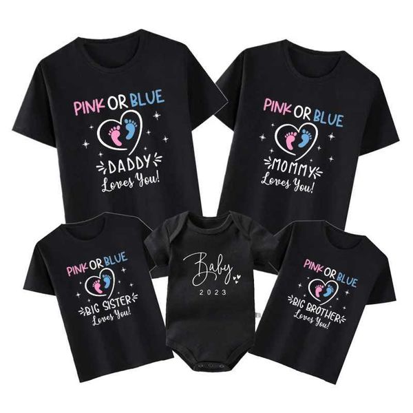 Family Matching Tenues Pink ou Blue Daddy Mommy Frère Sœur Soeur vous aime drôle Gender Revey Shirts Cotton Baby Shower Tee Family Matching Tenfit T240513