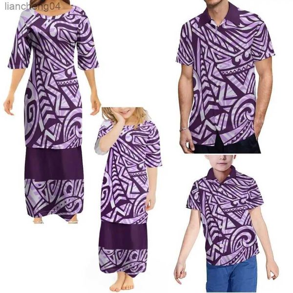 Trajes a juego para la familia Polinesia Samoa Puletasi Papá Mamá Bebé Niños Niñas Ropa Padre Hijo Camisa Conjunto Vestidos para madre e hija Traje a juego para la familia