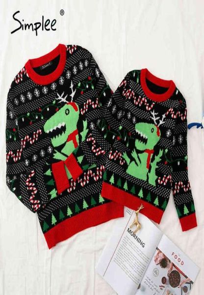 Tenues assorties pour la famille, pull à col rond, automne-hiver, pull tricoté de noël, dessin animé dinosaure, année 2104142866189