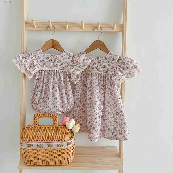 Famille Matching Tenues Sœur Toddler Baby Girls Fleule Lace Robes Summer Girl Baby Baber Soept Matching Tenfit Princess Dress Pink Princess Romper D240507