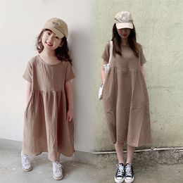 Trajes a juego de la familia Ropa de niños de verano Vestido de niña japonesa Ropa de padres e hijos Ropa de lino de algodón sólido Manga corta Vestido largo de mujer Ropa de mamá y yo 220914