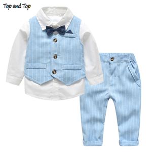 Familie Matching Outfits Top en Spring Herfst Baby Boy Gentleman Suit wit shirt met vlinderdas gestreepte vestbroek 3 stks formele kinderkleding set 230506