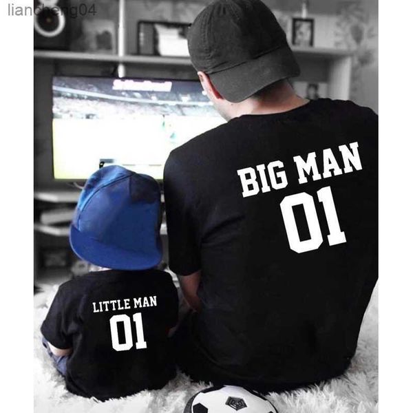 Tenues assorties pour la famille T-shirts BIG MAN 01 LITTER MAN 01 Tshirt Vêtements assortis pour la famille Père et fils en coton Look familial Vêtements courts pour bébés garçons et enfants