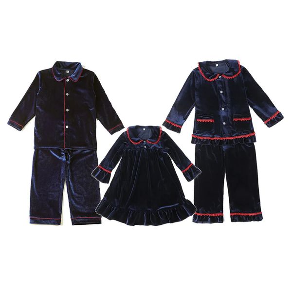 Tenues assorties pour la famille, vente en gros, pyjama de noël à volants, velours bleu marine, famille maman papa, pyjama assorti pour bébés garçons et filles, vêtements pour enfants, pyjama de noël 231109