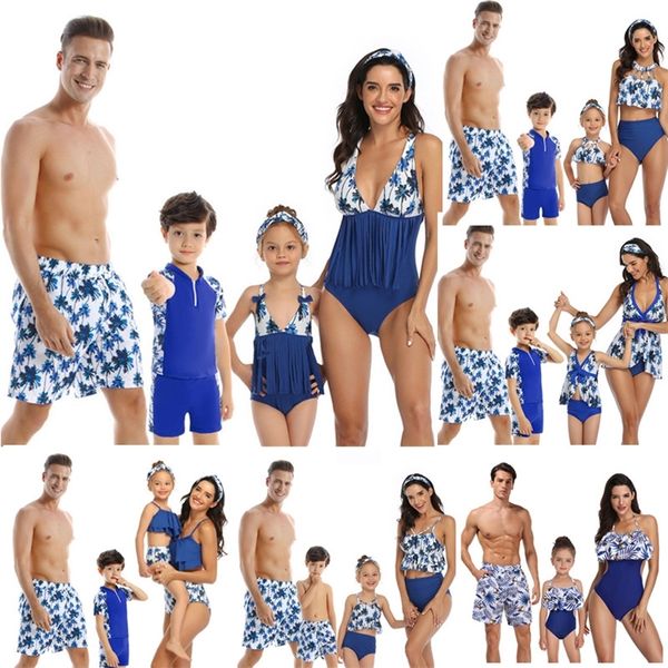 Famille Correspondant Maillots De Bain Maman Fille Taseel Feuille Bleu Bikini Papa Fils Maillot De Bain Femmes Hommes Couples Tenues Filles Garçons Maillot De Bain 220531