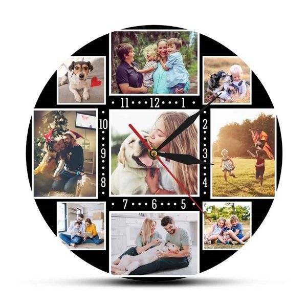 Famille Pos Collage 9 photos personnalisées noir grand acrylique imprimé horloge cadeau pour amis décor à la maison tenture murale montre 220615