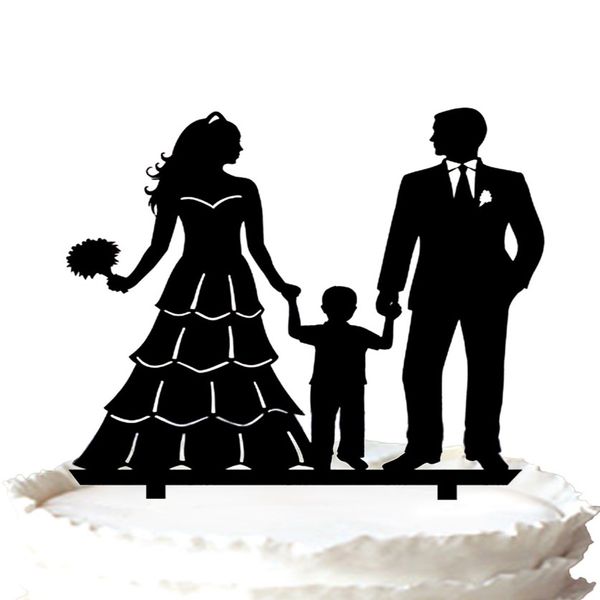 Décoration de gâteau de mariage familial, mariée avec bouquet et marié avec petit garçon, 37 couleurs pour l'option 351K