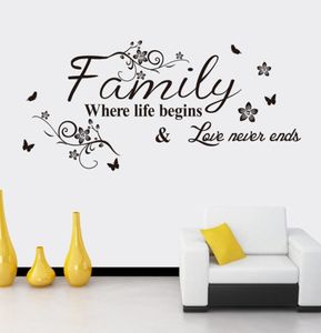 Famille où la vie commence l'amour ne termine jamais les citations de famille autocollants muraux décor mural PVC Decal Quote Black3752292