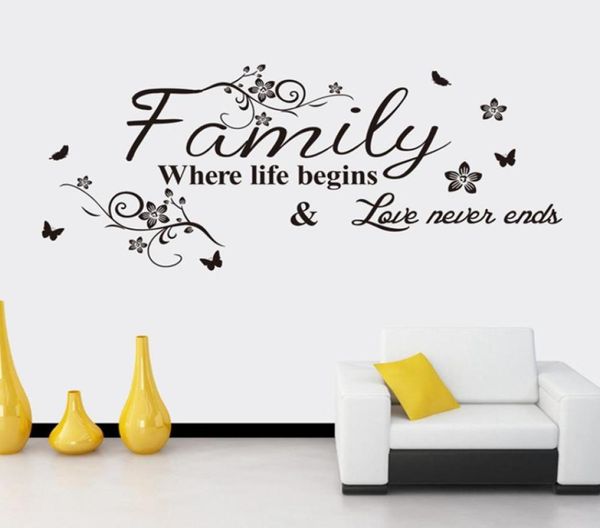 Famille où la vie commence l'amour ne termine jamais la famille citations autocollants muraux décoration murale PVC Decal citation noire8608746