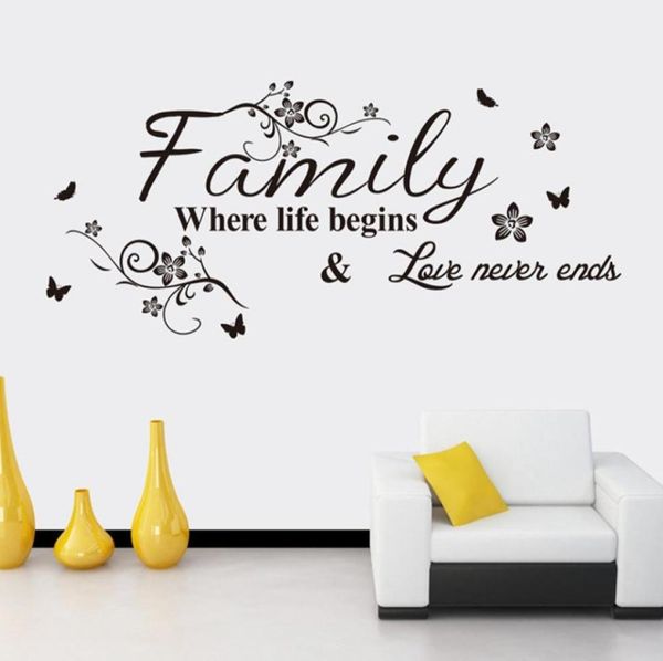 Familia donde comienza la vida el amor nunca termina citas de la familia pegatinas de pared decoración de pared pvc calcomanía cita negra4540639