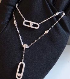 Célèbre marque en argent sterling 925 collier de forage mobile personnalité déplacer cz pendentif en pierre de cristal mode double chaîne collier