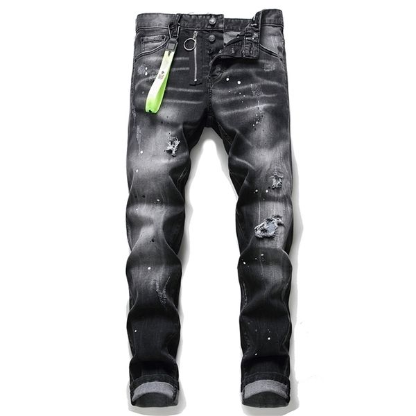 Famosa marca europea dsq BIKER JEANS Hombres pantalones vaqueros delgados pantalones para hombre pantalones de mezclilla con cremallera agujero negro pantalones lápiz para hombres 210716