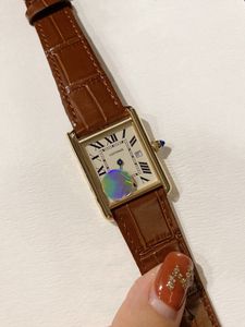 Célèbre marque géométrique rectangulaire montres nouvelles femmes en acier inoxydable numéro romain montre femme en cuir marron horloge à Quartz 33mm