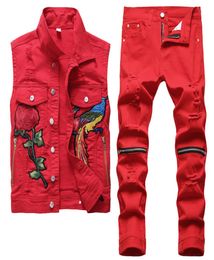 Famosos hombres de la marca Red pistas de la moda bordado de otoño bordado fénix chaleco de flores y pantalones ropa para hombres juego de 2 piezas Jeans 3926129