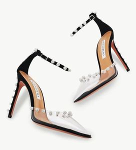 Célèbre marque Secrets Plexi sandales chaussures femmes bout pointu dame daim surmonté de cristaux de PVC boucle de fixation bride à la cheville pompes EU35-43