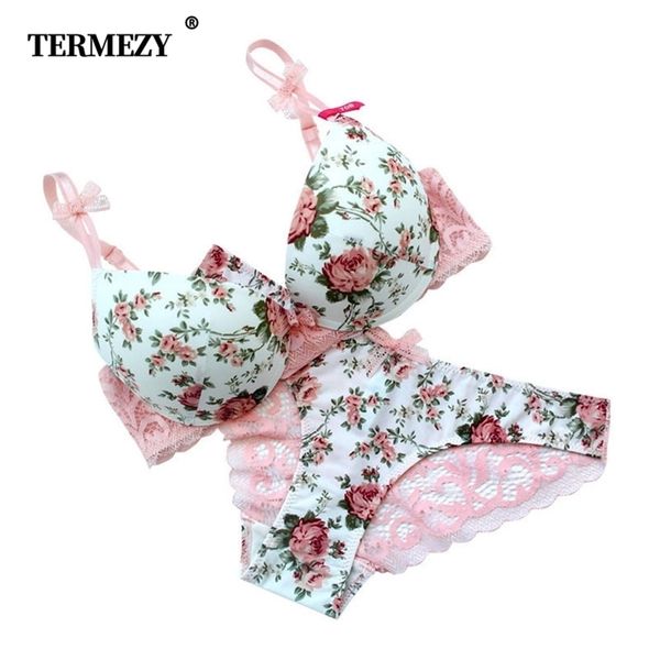 Famosa marca Sexy de alta calidad para mujer Conjunto de sujetador con estampado de flores de encaje de seda Push up Ropa interior de gran tamaño Sujetador con lazo y bragas ahuecadas 211104