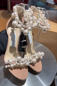 Célèbre marque d'été femmes Maisel sandales chaussures bijoux perles à bretelles talons hauts nu noir blanc robe de soirée de mariage dame pompes élégantes EU35-43 avec boîte