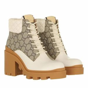 Bottines d'hiver de marque célèbre en cuir de veau beige et noir, semelle crantée en caoutchouc, bottes Martin pour femmes, talons hauts, robe de soirée, bottines confortables EU35-42