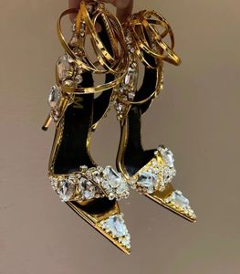 Célèbre marque femmes sandales chaussures miroir en cuir cristal pierres pointu bijou à bretelles TomXford fête robe de mariée talons hauts dame gladiateur Sandalias EU35-42