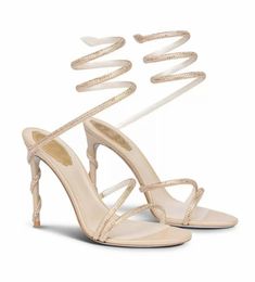 Marcas famosas Sandalias de tacón Zapato para mujer Zapatos Strass Tobillo Wraparound Sandalia de tacón alto Crystal Tachonado Serpiente Diseñadores de lujo Moda 9.5 cm Rc Cleo