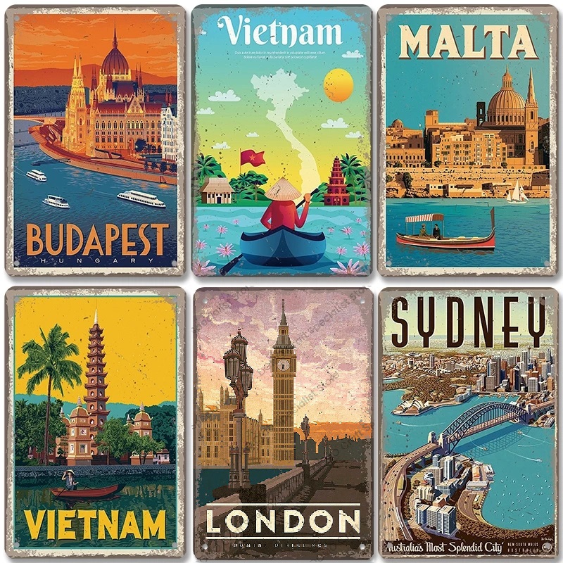 Famous City Landscape Art Painting Poster Sinais de metal vintage Budapest Malta Sydney Tin Plate Decoração de arte de parede retrô para sala de estar decoração de casa Tamanho 30x20 W02