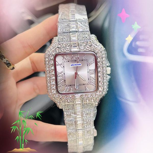 Célèbre jour date heure 3 Pointer watch fashion brillant étoilé cristal diamants anneau de lunette d'horloge horloge de quartz carré de bracelet de chaîne de belles montres de bracelet