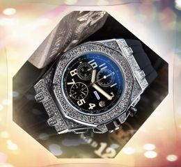 Beroemde dag Datum Time Watch Stopwatch Fashion Three Eyes Designer Diamanten Ring Bezel Men Clock Quartz Batterij Big Dial Face Chain Bracelet Watches Star Gifts